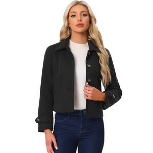 Turn Down Collar Long Sleeve Single Breasted Winter Pea Coat Black